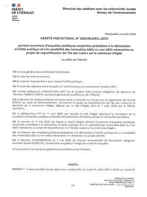 Arrêté préfectoral portant ouverture d'enquêtes publiques conjointes préalables à la déclaration d'utilité publique et à la cessibilité des immeubles