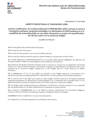 Arrêté préfectoral portant modification de l'arrêté préfectoral n°2024-06-DRCL-0222 du 04 juin 2024