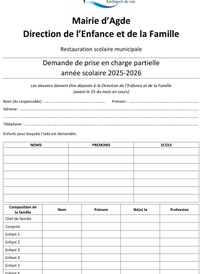 Demande prise charge partielle du tarif restauration scolaire 2025-2026
