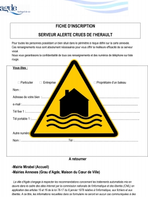 Fiche d'inscription «Alerte crues»  Commune d'Agde