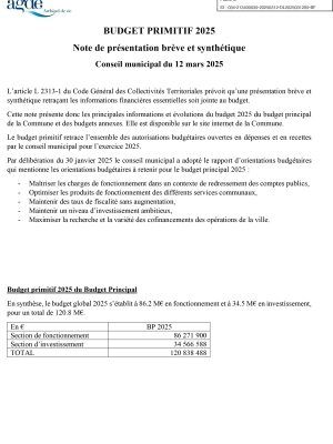 Note de présentation brève et synthétique Budget Primitif 2025
