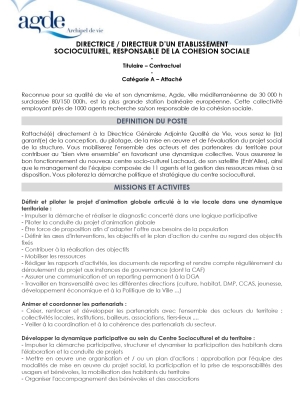 Directeur(trice) d'un établissement socioculturel, responsable de la cohésion sociale