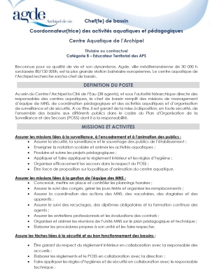 Chef de bassin / Coordonnateur des activités aquatiques et pédagogiques