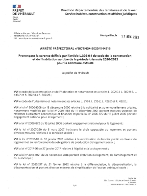 Arrêté préfectoral prononçant la carence au titre de la période triennale 2020-2022 pour la Commune d'Agde