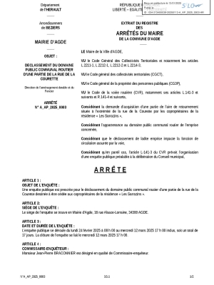Arrêté d'ouverture de l'enquête publique relative au déclassement d'une partie de la rue de la Courette