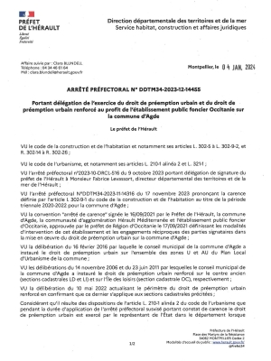 Arrêté préfectoral portant délégation du DPU au profit de l'EPF