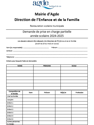 Demande de prise charge partielle du tarif de restauration scolaire 2024-2025