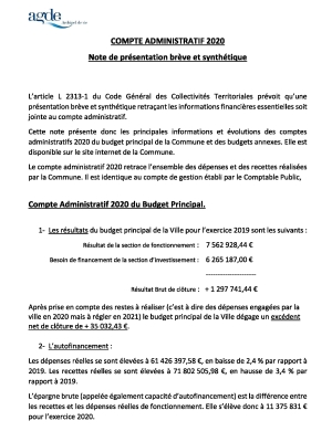 Note de présentation synthétique Compte Administratif 2020