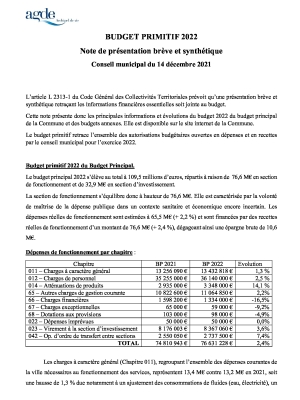 Note de présentation brève et synthétique Budget Primitif 2022