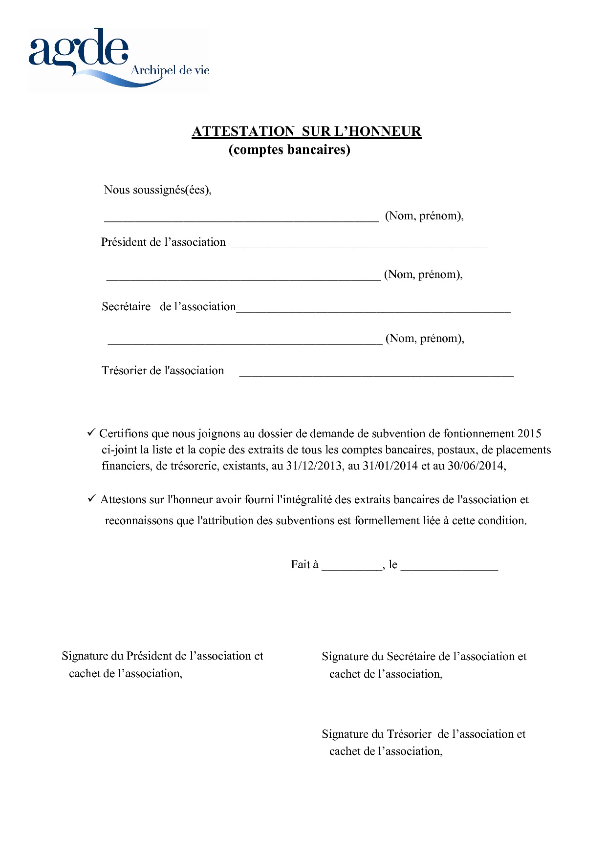 Formulaire pdf Attestation sur lhonneur association